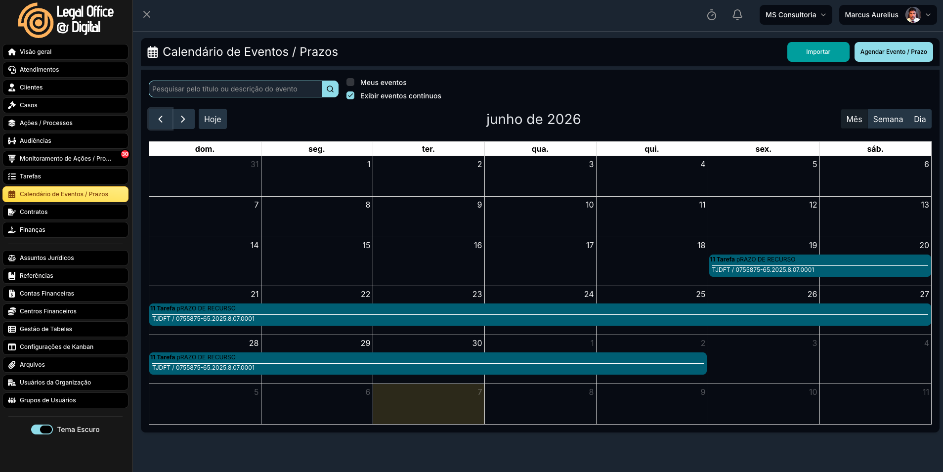 Calendário de Eventos e Prazos do Legal Office @ Digital